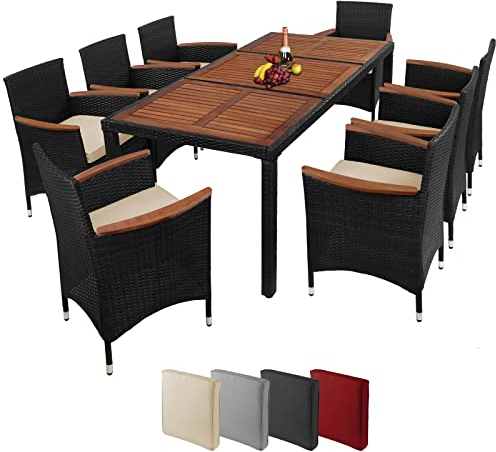 Montafox Sitzgruppe 8 Personen Poly Rattan Sitzgarnitur Akazienholz Tisch 190 x 90cm Sitzkissen 6 cm Terrasse Garten Essgruppe Schwarz Gartenmöbel Set, Farbe:Sandstrand
