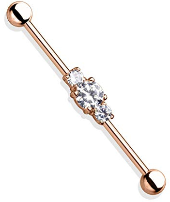 Paula & Fritz® Industrial Ohr-Piercing Stab 3 Zirkonia-Steine Chirurgenstahl 36mm Stab-länge 1.6 mm Stab-Dicke Rosegold Barbell Piercings