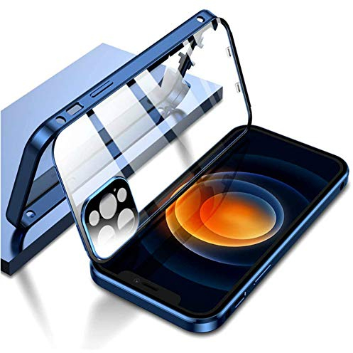 Doppelseitige Schnallenhülle für iPhone 12,Doppelte Sicherheitsverriegelung Stoßfängergehäuse aus gehärtetem Glas, eingebauter Kameraobjektivschutz (für iPhone 12, Blau)