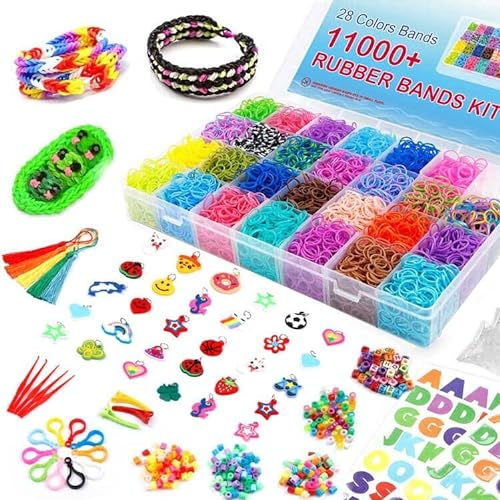 Inscraft 11900+ Loom Bänder Set, 28 Farben Loom Gummibänder für Armbänder, Loop Armbänder set Kinder zum Halsketten und Gummi Armband basteln, mit 600 Clips, 52 ABC-Perlen, 200 Perlen, 5 Quasten usw