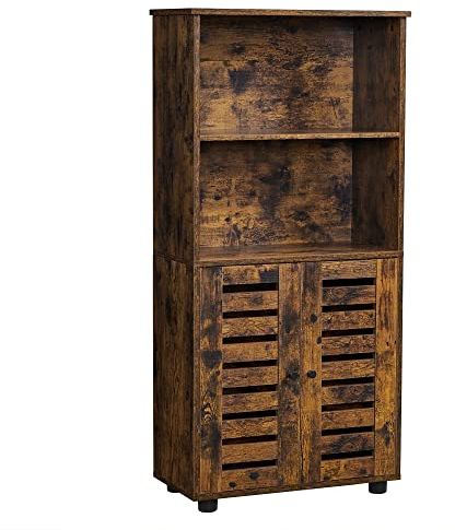 VASAGLE Floor Standing Cabinet, Storage Cabinet, Kitchen Cupboard, Bookcase with Louvered Doors, Open Compartments, Height-Adjustable Shelf, for Living Room, Kitchen, Rustic Brown BBK161T01