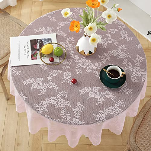 Tischdecke Spitze Rund 120cm,Tischwäsche Spitze Vintage Boho Rosa Blumen Muster,Tischtuch Spitzenoptik Runde,Retro Hochzeit Tischdeko