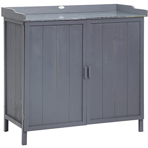 Outsunny Armario de Jardín de Madera con Mesa de Trabajo Armario de Exterior con 2 Puertas Cierre Magnético y 2 Estantes para Terraza Balcón 98x48x95,5 cm Gris