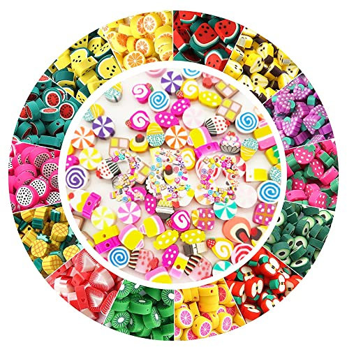 Hezhou Pack of 200 Fruit Beads for Threading Craft Beads Colourful Beads Süßigkeiten-Perlen Polymer Clay Beads Fruits Soft Pot Beads Craft Beads Jewellery Beads Spacer Beads Polymer Clay Beads