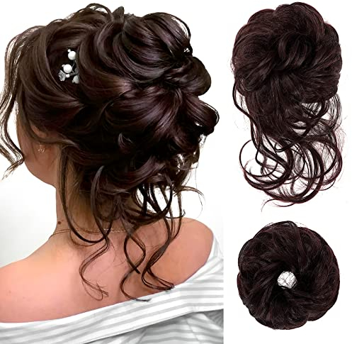 Haarteil Mit Gummiband, Groß Dutt Haarteil Gelockt Haargummi Haaren Hochsteckfrisuren Haarverlängerung Messy Bun Haarteile with Braids, Brautfrisuren Voluminös Gelockt Unordentlich Dutt, 45g (Braun)