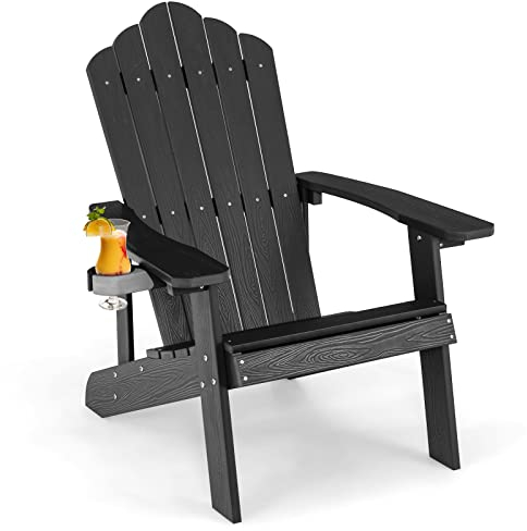GOPLUS Adirondack Gartenstuhl mit Getränkehalter, Gartensessel mit Komfortabler Rücklehne & Breiten Armlehnen, Wetterfester Gartenstuhl für Garten Terrasse Feuerstelle Balkon (Schwarz)