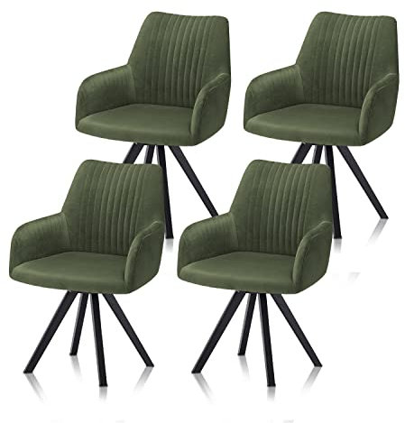 smart 4er Set Esszimmerstühle mit Armlehnen - Bezug Mikrofaser grün, 180° drehbar mit Auto-Return - Massivholz Stuhlbeine - Küchenstuhl, Polsterstuhl mit Schaumstofffüllung