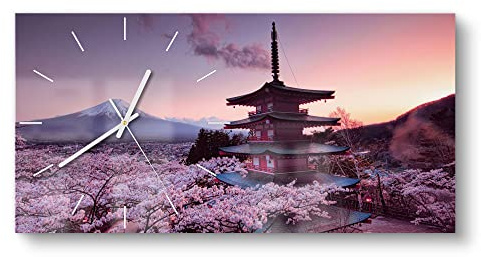 DEQORI Glasuhr | vertikal 60x30 cm | Motiv Kirschblüten Tempel Japan | große XXL Design Uhr aus Glas | leise Wanduhr für Wohnzimmer & Küche | moderne Hingucker Uhr für die Wand