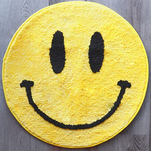 Gelber Smiley-Gesichtsteppich, lustige Badematte, niedliche Badezimmerdekoration, Emoji, Duschteppich, Retro, flippig, Schlafzimmer, ästhetisch, lustig, rund, adrett, waschbar, Neuheit Badematte