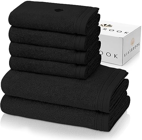 KLASBROOK® Linnea 6 teiliges Luxus Handtücher Set Schwarz, extra flauschig und saugfähig aus 100% Baumwolle Oeko-TEX 100 Zertifiziert mit Aufhänger, 4 Handtücher 50x100 + 2 Badetücher 70x140