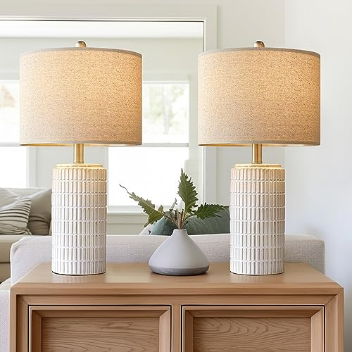 PoKat 23 Modern Ceramic Table Lamp Set of 2 for Living Room White Desk Lamps for Bedroom Farmhouse Bedside Nightstand Lamp House Warming Gifts New Home Decor End Table Lamps Gifts for Women Mom Beige