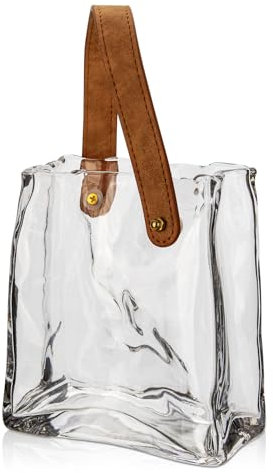 Glass Purse Vase for Flowers Clear Vases for Centerpieces Glass Bag Vase with Leather Handle Small Bag Vase for Decor Decorative Fish Bowl Handbag Vase for Home Wedding Decor