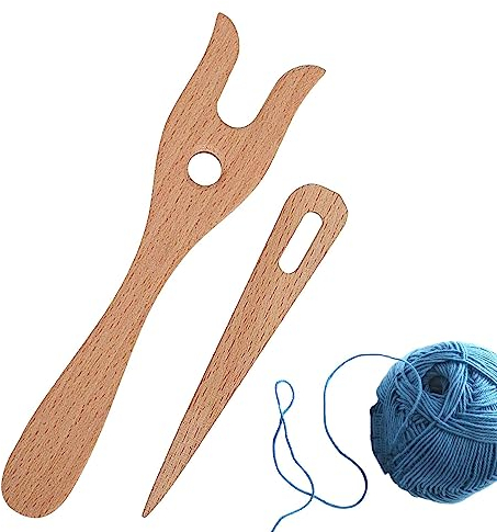 Forchetta in legno, fatta a mano, in legno, con occhi a maglia, nave decorativa, uncinetto, set di forcelle per lavori a maglia