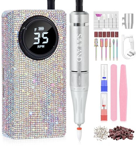 Saviland Electric Nail Drill Machine: Diamond Shiny 35000RPM Kit with Professional Drill Bits, File, Buffer, Dust Brush - Expert Salon Use for Manicure & Pedicure