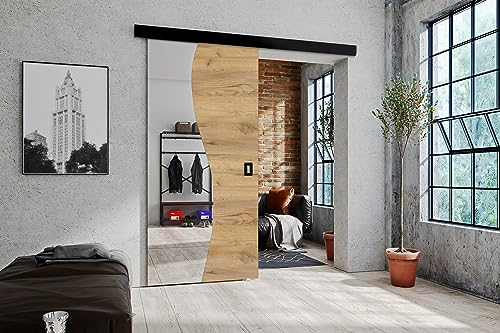 KIER FURNITURE Schiebetüren mit Spiegeln FALA – Schiebetür Komplettset Schiene Komplettset Mit Tür – Zimmertüren Mit Zarge Komplett - B76xH205xT1,6 cm - Eiche Craft Gold