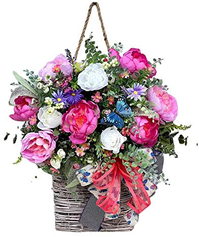 Wildflowers Door Hanging Basket Wreath, Wall Hanging Farmhouse Spring Artificial Flowers Welcome Sign for Front Door Home Porch Decor(#1)