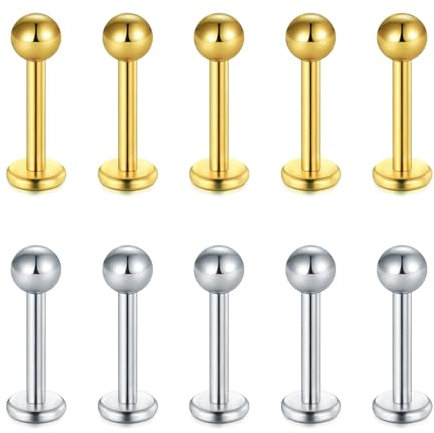 Briana Williams 10er Edelstahl Lippenpiercing Silber Gold 8mm Stecker mit Kugel Ohr Tragus Labret Helix Piercing Schmuck