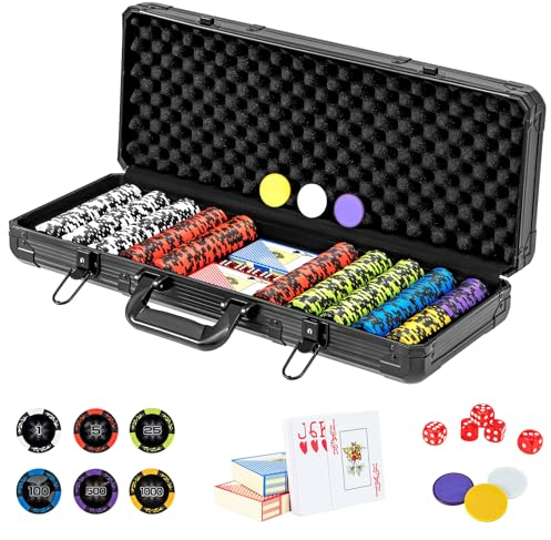 HOMASIS Pokerset mit 500 Laser-Chips, Poker Koffer mit 2 Kartendecks, 5 Würfeln, 3 Dealer Button, abschließbar Pokerkoffer aus Alu mit 2 Schlüsseln, Poker Komplett Set für Partys, Kasino (500 Chips)