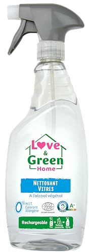 Love & Green Home Spray Nettoyant vitres écologique rechargeable à l'alcool végétal. Certifié Ecodétergent par Ecocert - 750ml