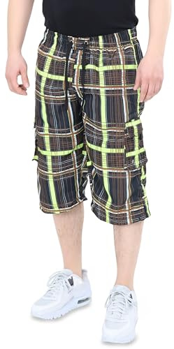 Ben Creek - Herren Capri Freizeithose - Bermuda Short für Freizeit & Alltag - Kurze 3/4 Wanderhose mit Gummizugbund - halblange Cargo mit Multitaschen QL05 (grün-schwarz kariert XL)