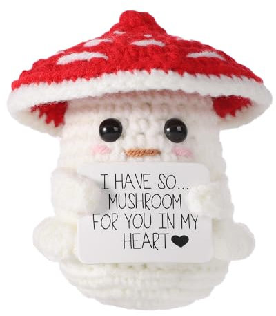 lasuroa Lustiger Positiver Pilz, 8,5cm Niedlich Häkelpilz Kreativ Pilz Gehäkelt mit Inspirierender Karte Positive Lebenskartoffel Glücksgeschenk für Plüsch Geburtstagsfeier Dekoration