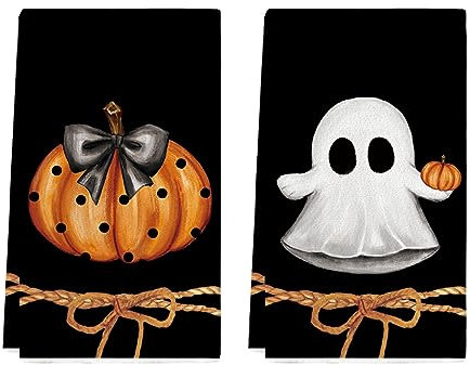 Artoid Mode Paños de cocina con pajarita fantasma calabazas Happy Halloween paños de cocina, 42 x 65 cm, decoración de temporada, toallas de poliéster, juego de 2 unidades