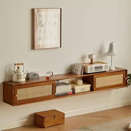 FDQAMLKX Meuble TV Flottant 120/150/180 cm Meuble TV Mural en Bois Massif et rotin tissé Meuble TV Suspendu Console multimédia de Divertissement Moderne Mat Centre pour Salon et Bureau