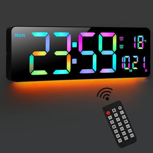 Fuloon 8 RGB Colors Digital Wall Clock, 16 Large Display Adjustable Brightness LED Digital Clock, Count Up & Down Timer, Auto Brightness, Date, Temperature Gym Clocks