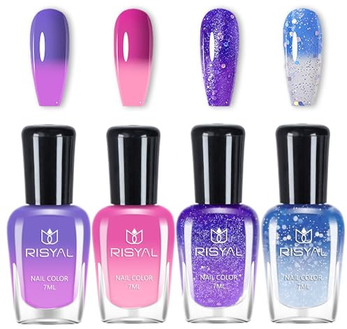4 Farben Nagellack Set - Langanhaltender Farbwechselnder Nagellack Kit - Farbwechsel, Temperaturkontrolle Nail Polish, Nagelkunst-Design für Nail DIY Maniküre- ohne UV-Lampe (Rosa Blau Lila Set A)