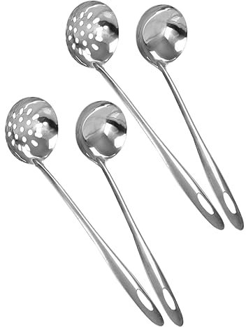 VOSAREA 4pcs Metal Soup Ladles Stainless Steel Soup Ladle Scoop and Slotted Spoon Set Hot Pot Colander Food Serving Spoon Ladles Serving Ladle Spoons Kitchen Ladel Spoons for Soup Sauce Stew Cooking