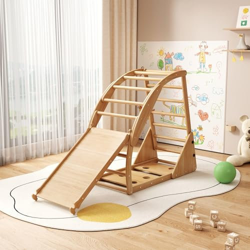8-in-1 Multifunktionales Klettergerüst aus Holz – Mit Rutsche, Klettermodul, Holzsprossenleiter, Kletterbogen, Schaukelschiff & Zelt – Vielseitige Formverwandlungen