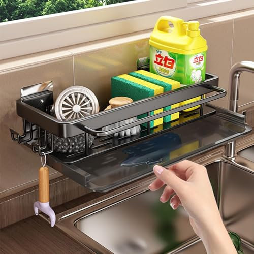 Organisateur d'évier de cuisine avec bac d'écoulement - Organisateur d'évier de cuisine avec porte-torchon et deux crochets, organiseur de lavabo, porte-éponge, porte-torchon, support de liquide