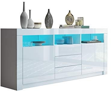 Ikewaier Moderner Sideboard Schrank Kommode in Front Hochglanz 2 Türen 3 Schubladen Esszimmer Küche Buffet Küchenschrank mit LED Streifen 160cm (Weiß)