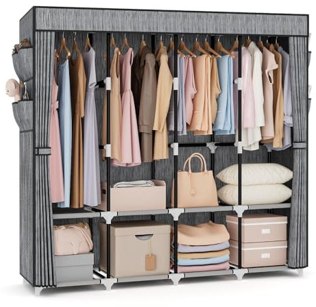 Kleiderschrank, Stoffschrank,170cm breit,Stoffschrank mit großer Kapazität, mit Abdeckung,4 Lagerregalen und 4 Kleiderstangen,stabiler freistehender textil kleiderschrank für das Schlafzimmer Drucken