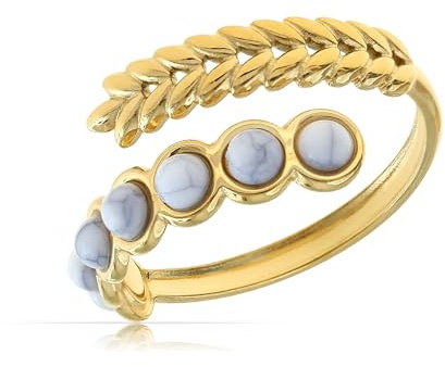 Made by Nami Boho Ring Damen Gold mit Perlen Damen Edelstein Ring Verstellbar aus Chirurgischem Edelstahl Sommer Boho Schmuck Wasserfester Schmuck Geschenk für Sie (Feder Weiß)