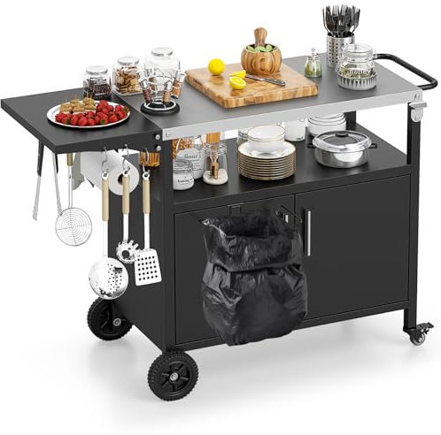 COSTWAY Chariot de Barbecue d'Extérieur avec Rangement, Desserte de Jardin avec Plateau Pliable en Acier Inoxydable 6 Crochets Etagère Ouverte Armoire à 2 Portes, 127 x 50 x 84 cm