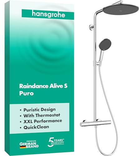 hansgrohe Raindance Alive S Puro - Duschsystem mit Thermostat, Regendusche (300 mm) mit Armatur, Handbrause (3 Strahlarten inkl. PowderRain), Schlauch, Brausestange und Kopfbrause, Chrom, 24592000