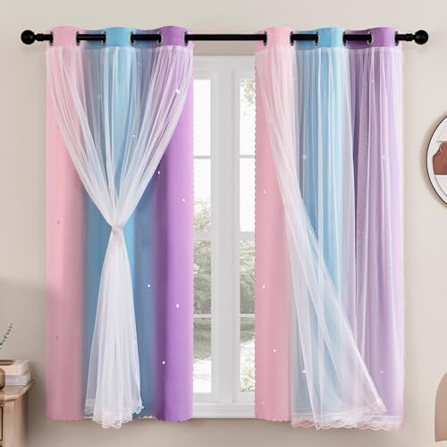 XiDi Verdunklungsvorhänge mit Ösen für Wohnzimmer, Regenbogen, Wanddekoration, blaue Vorhänge, doppellagig, mit Netz, 86,4/114,4 cm