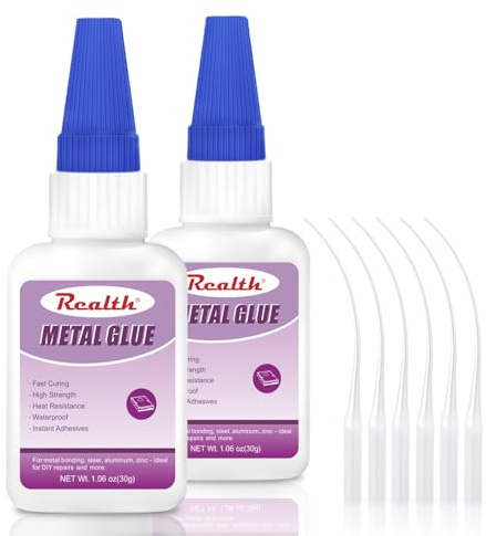 Realth Colle Métal | 60g Colle Extra Forte Transparente | Résistant à l'Eau & à la Chaleur | 6 Compte-Gouttes&Anti-Blocage | pour Métal Aluminium Acier Inoxydable Craft
