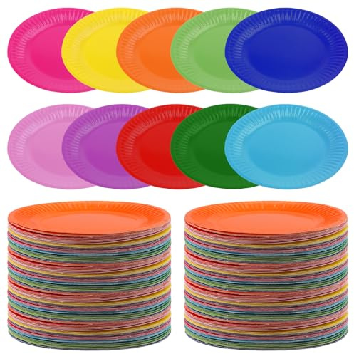 KEILEOHO 200 Platos de Papel de Colores, 10 Colores Surtidos, 23 cm, Redondos, Desechables para Fiestas, Cumpleaños, Picnics, Bodas y Pintura DIY