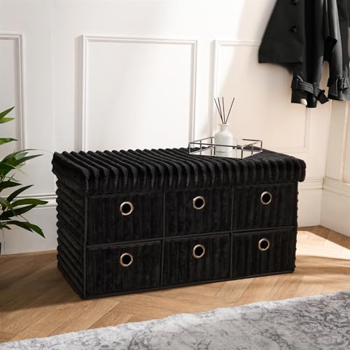 OHS 6 Cube Drawer Storage Chest of Drawers, Luxurious Ribbed Fabric Drawers Storage Unit with Metal Handle Cube Unit Closet Organiser for Bedroom Living Room, Black