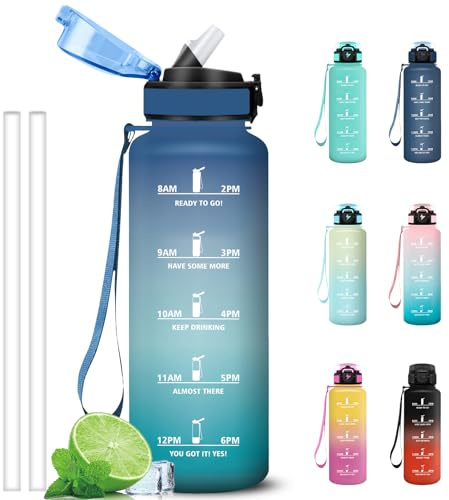 Grsta Borraccia 1,5 litri, Borraccia Palestra con Cannuccia, Borracce Graduata, Facile da Pulire, Bottiglia con Indicatore del Tempo Motivazionale per Sport, Outdoor, Trekking