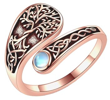 DAYLINLOVE Baum des Lebens Ring 925er Sterling Silber Keltischer Knoten Mondstein Einstellbarer Offener Daumen Ring Baum des Lebens Schmuckgeschenke für Damen Frauen Mädchen Mama Oma (rosévergoldet)