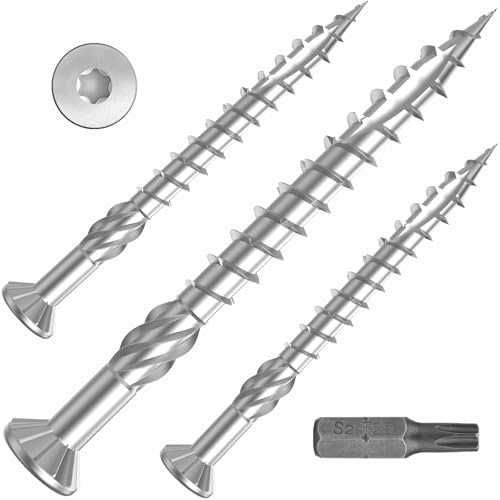 TCO Vis de Terrasse Acier Inoxydable A2-200 Pièces (5,0 x 50 mm) | Tête Fraisée Décorative, Filet Dents de Scie, Pointe Coupante + Embout S2 TX 25 | Vis pour Planches de Terrasse, Usage Extérieur
