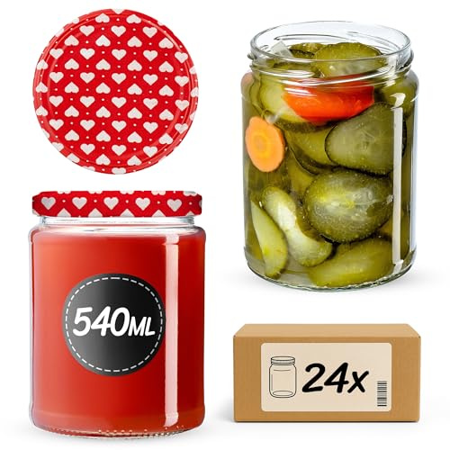 KADAX 24er Set Einmachgläser 540ml TO82 Herz, Sturzgläser Mason Jar mit Schraubdeckel, Luftdichte Twist-off Gläser, Meal Prep, Overnight Oats, Sauerteig