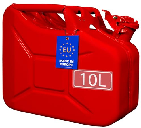 FIXKRAFT Benzinkanister 10L Metall 10 Liter Kanister für Benzin Diesel Kraftstoffkanister mit Entlüftung Reservekanister (Rot, lackiert)