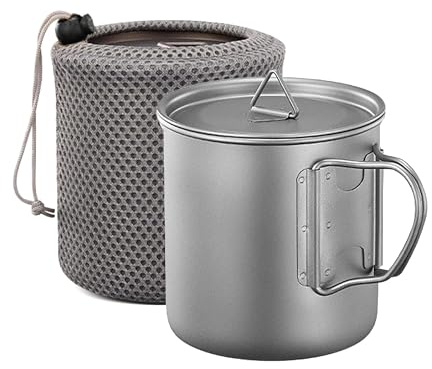 FloraVigo Tasse en titane 600 ml, casserole de camping ultralégère en titane pur avec sac de rangement, pour activités outdoor, randonnée et trekking.