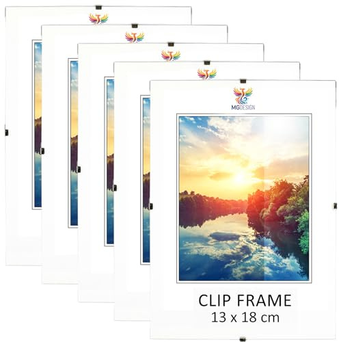 MG Design Cliprahmen Set 5 Stück in 13 x 18 cm – Rahmenlose Bilderrahmen mit Acrylglas & HDF-Rückwand für Fotos, Poster & Puzzle, vertikal & horizontal