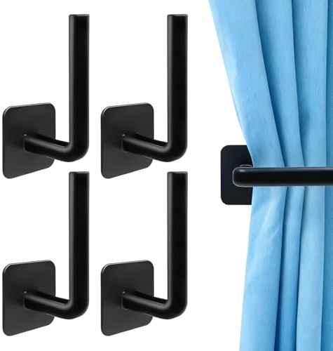 Kexinmierxi4-Pcs Curtain Tie Backs, Black Adhesive No Drill Holdbacks Hooks | Multipurpose Stick On Wall Hooks, For Shower Curtains, Kitchen, Home Organization, Damage-Free Installation