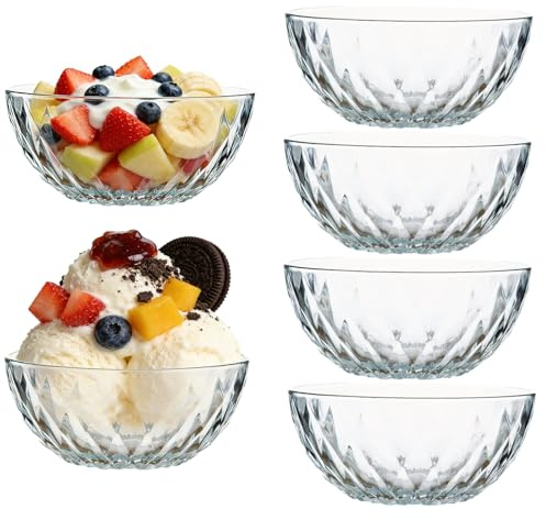 BSLVV Clear Crystal Glass Dessert Bowls, Set of 6, 350ml, Lead-Free & Dishwasher Safe, Stackable Serving Bowls for Salad, Pudding, Snack, Sauce, and Dessert Dishes